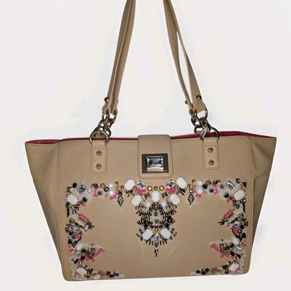 Juicy Couture Freya Genuine Leather Satchel Bejeweled Cream Gold NWT Dust Bag
